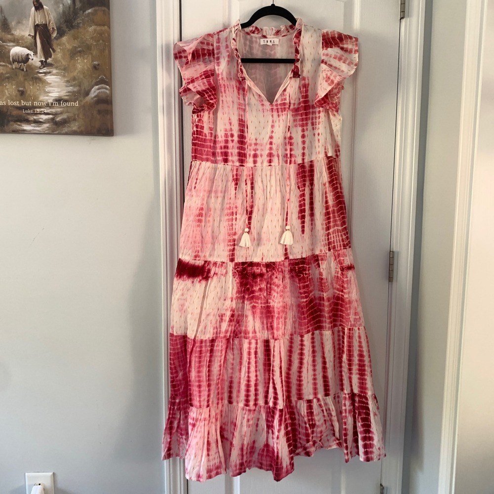 THML Pink Tie Dye Tiered Maxi Dress Small‎ Flutter Sleeve Metallic SRT1023-PK